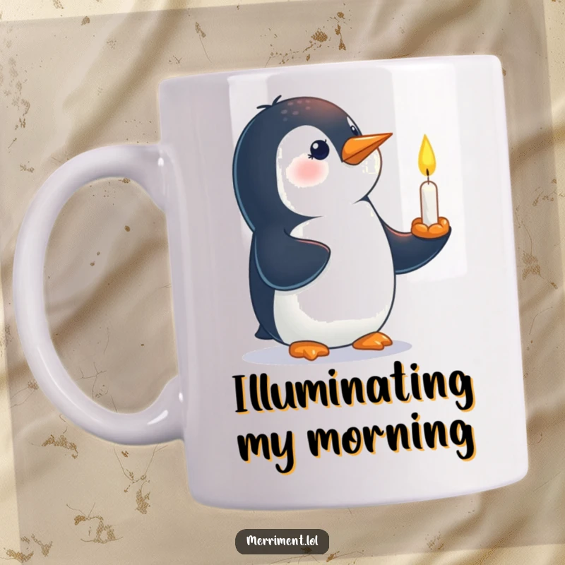 Funny mug showing a curious penguin precariously balancing a small, lit candle on its beak.
