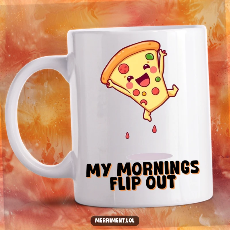 Funny pizza slice mug doing a somersault with a joyful expression, perfect for a lighthearted and humorous kitchen accessory.