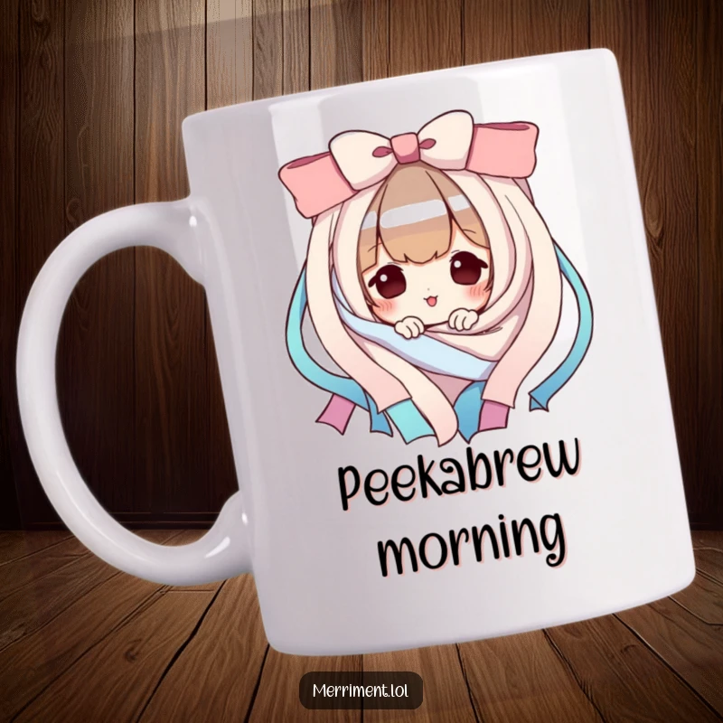 Funny Mug: A playful character curiously peeks from behind a vibrant cascade of colorful ribbons. A fun surprise and funny gift.