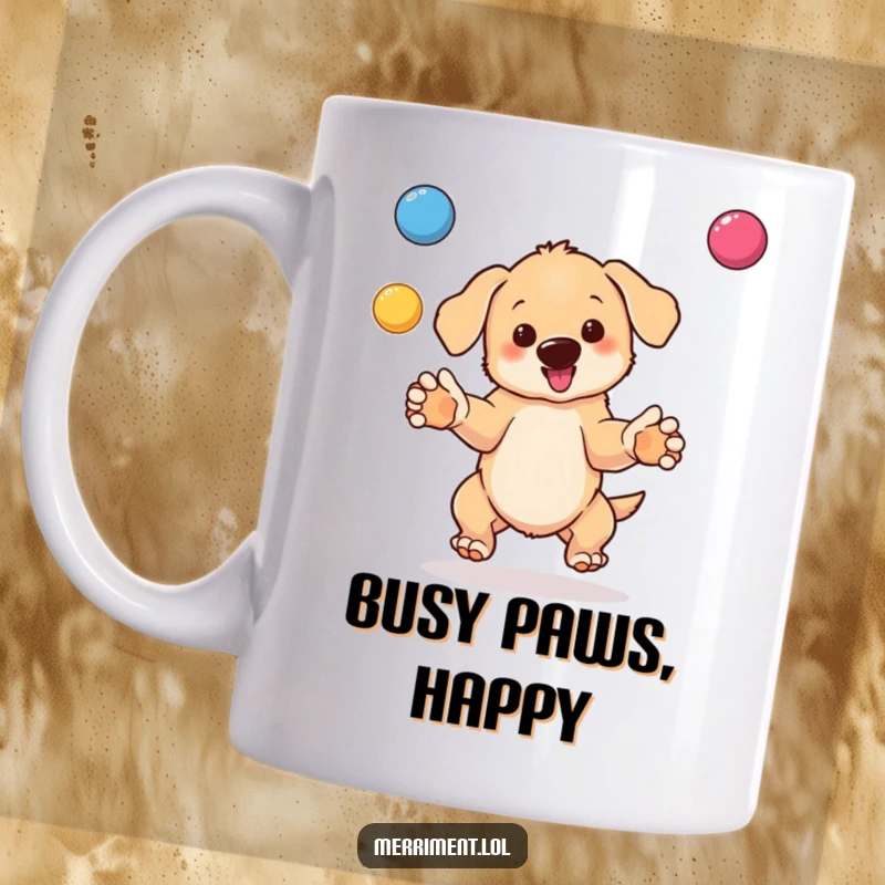 Funny mug showing a happy, bouncing puppy skillfully juggling several brightly colored balls with its paws.