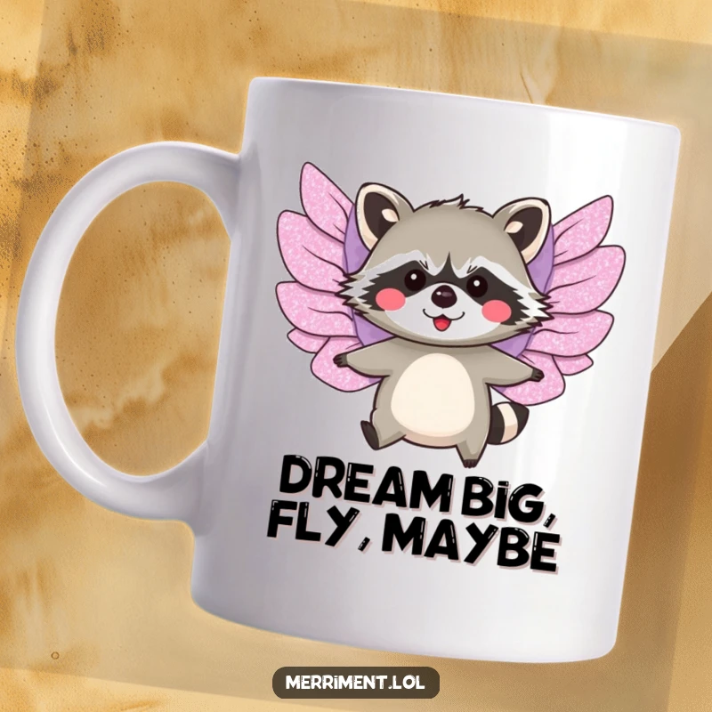Funny mug showing a blushing raccoon with oversized, glittery paper wings trying to take flight.
