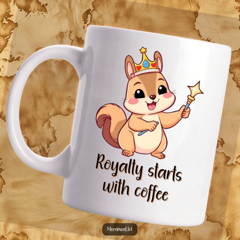 Funny mug featuring a gleeful squirrel in a tiny crown, holding a sparkling scepter, embodying regal humor and joy.