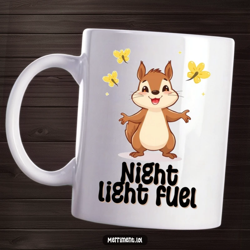 Funny mug showcasing a determined squirrel cheerfully juggling three glowing fireflies with great enthusiasm and skill.