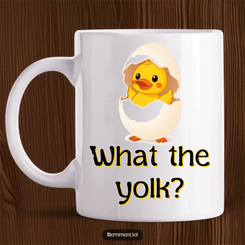 Funny surprised egg mug hatching a tiny rubber duck, a humorous and whimsical breakfast-themed design.