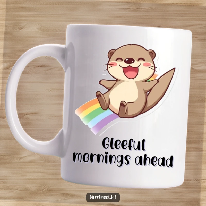 Funny mug features a joyful otter sliding down a rainbow with a wide, happy grin, embodying pure bliss and fun.