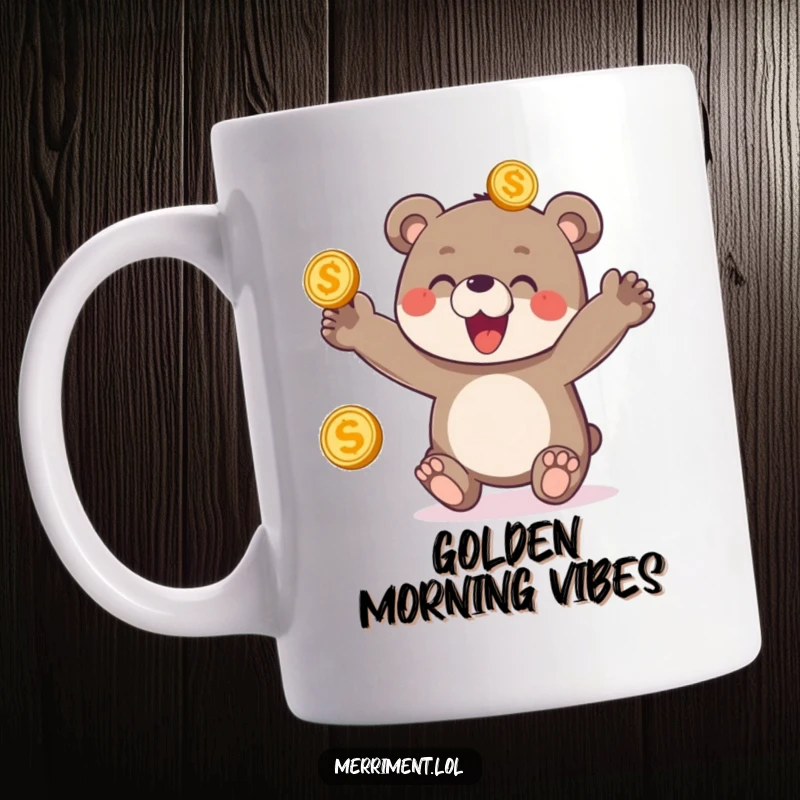 Funny mug featuring a delighted bear cub enthusiastically juggling three shiny golden coins, eyes wide with joy and concentration.