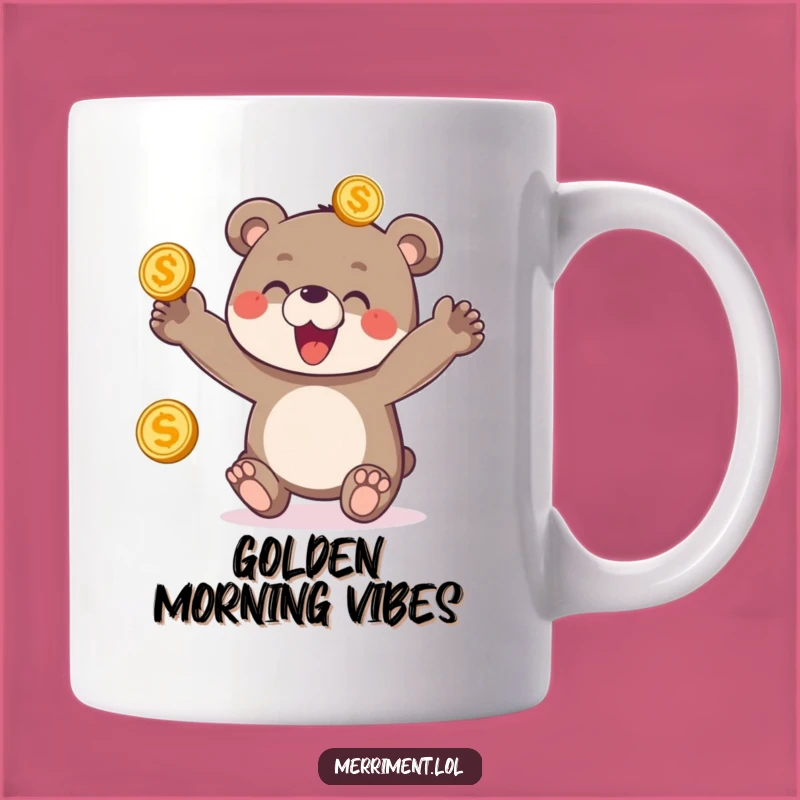 Funny Bear Cub Juggling Coins Mug - Delighted Treasure Hunter Coffee Cup