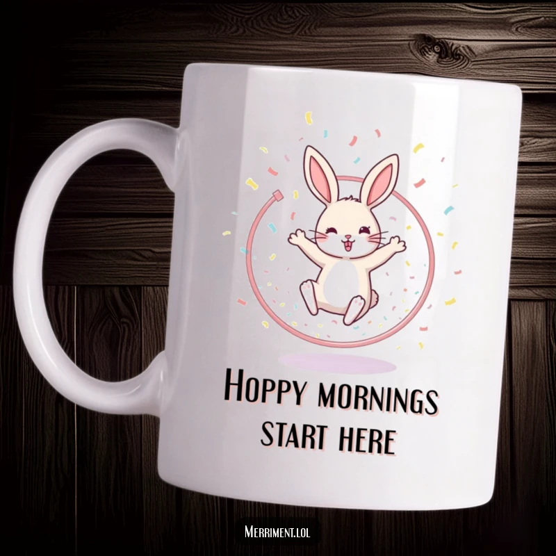Funny mug design of a cheerful rabbit joyfully leaping through a hoop surrounded by a colorful cascade of confetti.