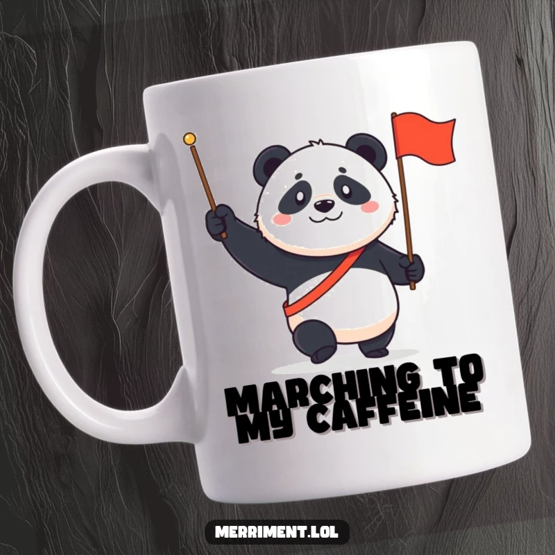Funny Panda Mug: A determined panda marches proudly with a tiny flag and a big grin, exuding joyful patriotism.