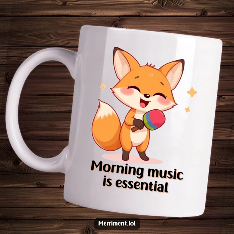 Funny mug illustration of a giggling fox energetically dancing and shaking oversized maracas, capturing pure joy and playful abandon.