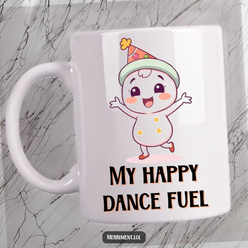 Funny Mug: A delighted character in a festive hat joyfully jigs, radiating pure happiness and fun. Perfect for gifting someone who loves a good laugh.