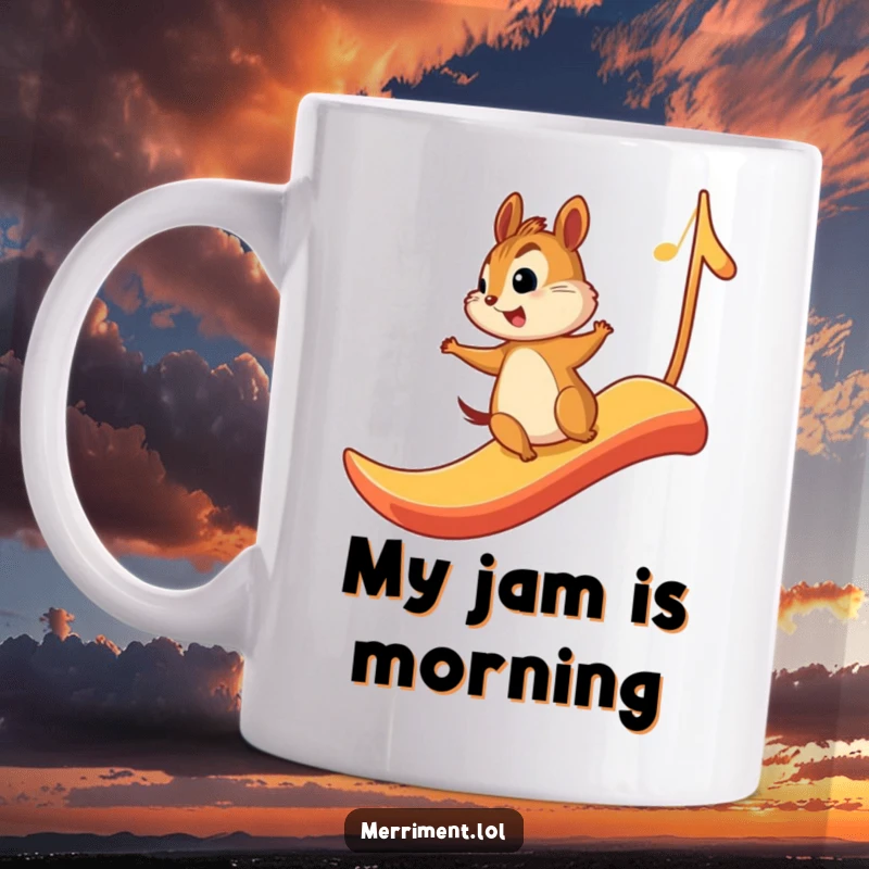 Funny mug graphic of a chipmunk with a joyful expression, sliding down a large, stylized musical note as if it were a slide.