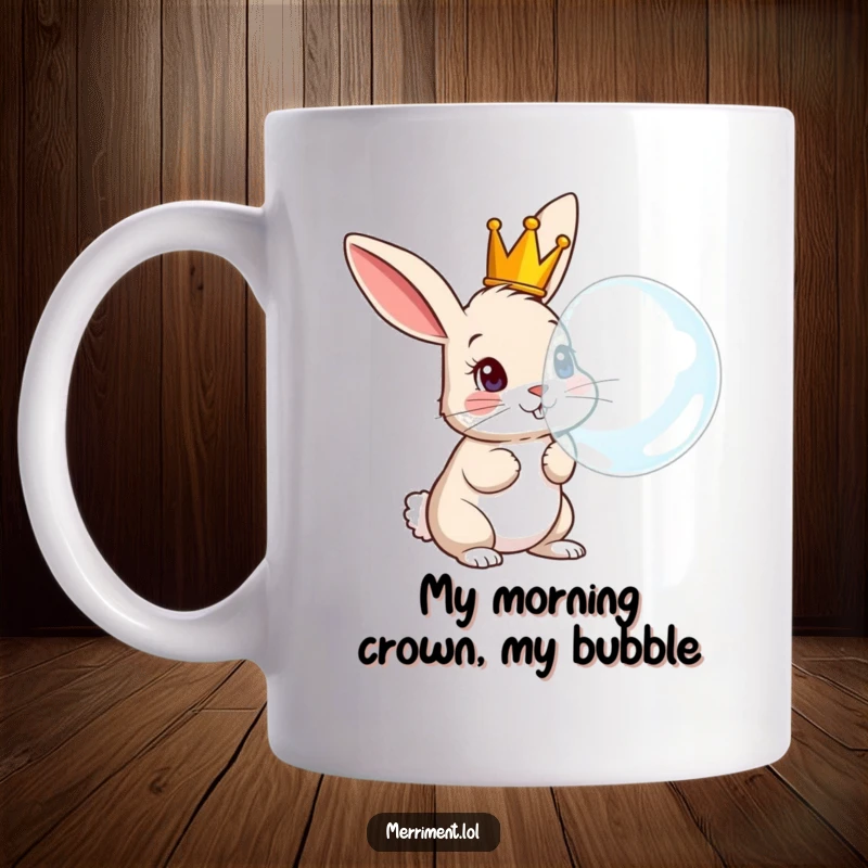 Funny Rabbit Mug: Curious rabbit wearing a tiny crown, blowing a comically large bubble, bringing laughter and joy to your day.