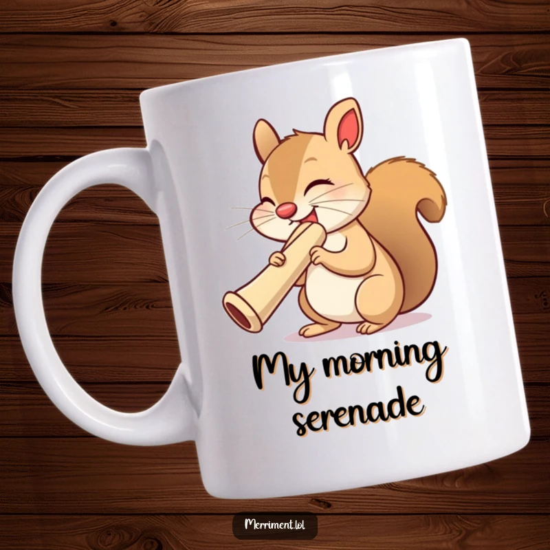 Funny squirrel mug with eyes closed, joyfully playing an enormous kazoo, a whimsical and hilarious musical woodland scene.