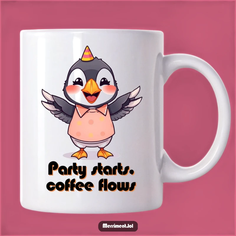 Funny Puffin Party Mug: Grinning Puffin, Wiggling Wings, Festive Gift for Bird Lovers