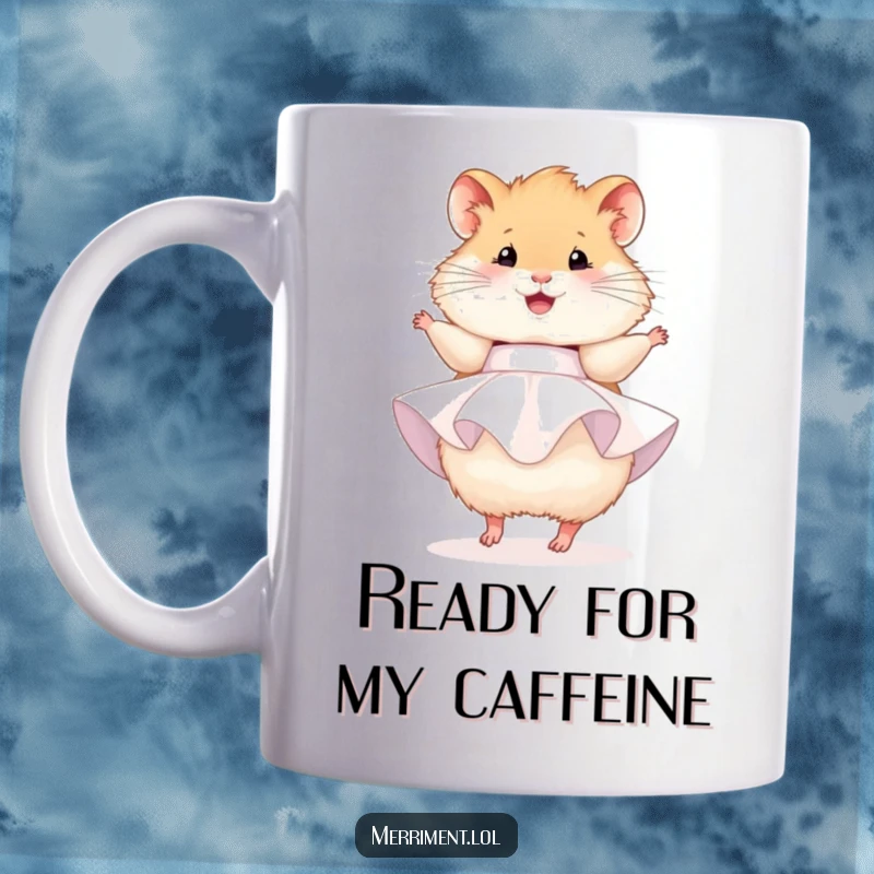 Funny hamster mug, a fluffy hamster in a tiny party dress, happily twirling, radiating pure joy and cuteness.