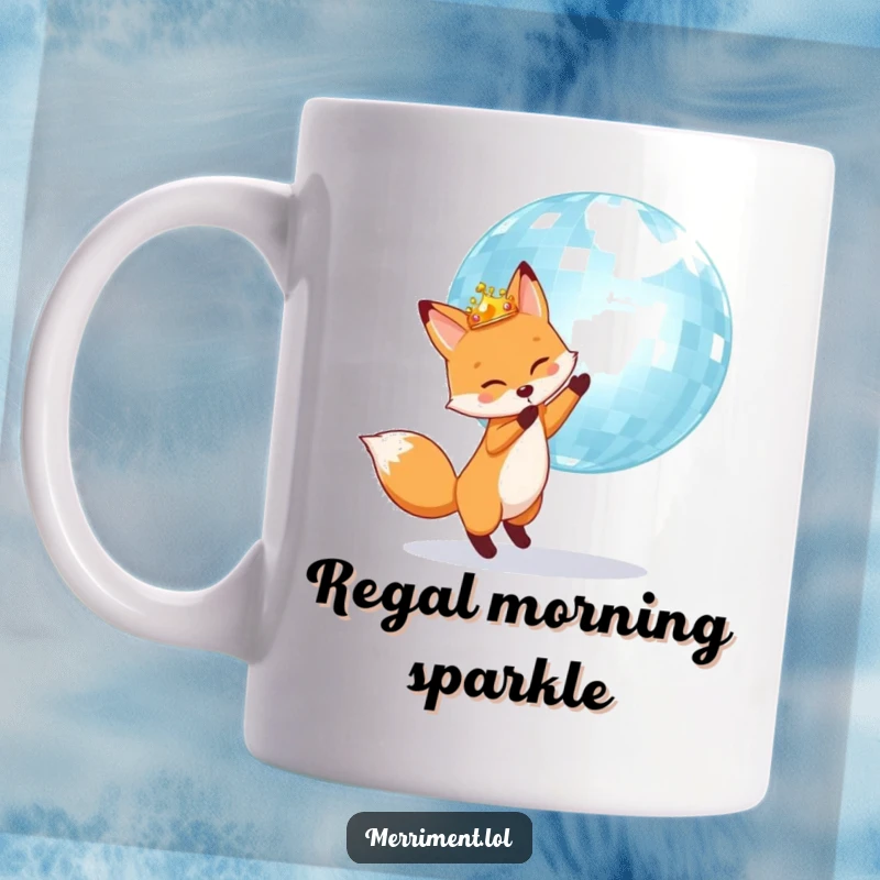Fox wearing a crown, happily bouncing a giant shimmering disco ball, featured on a fun coffee mug.