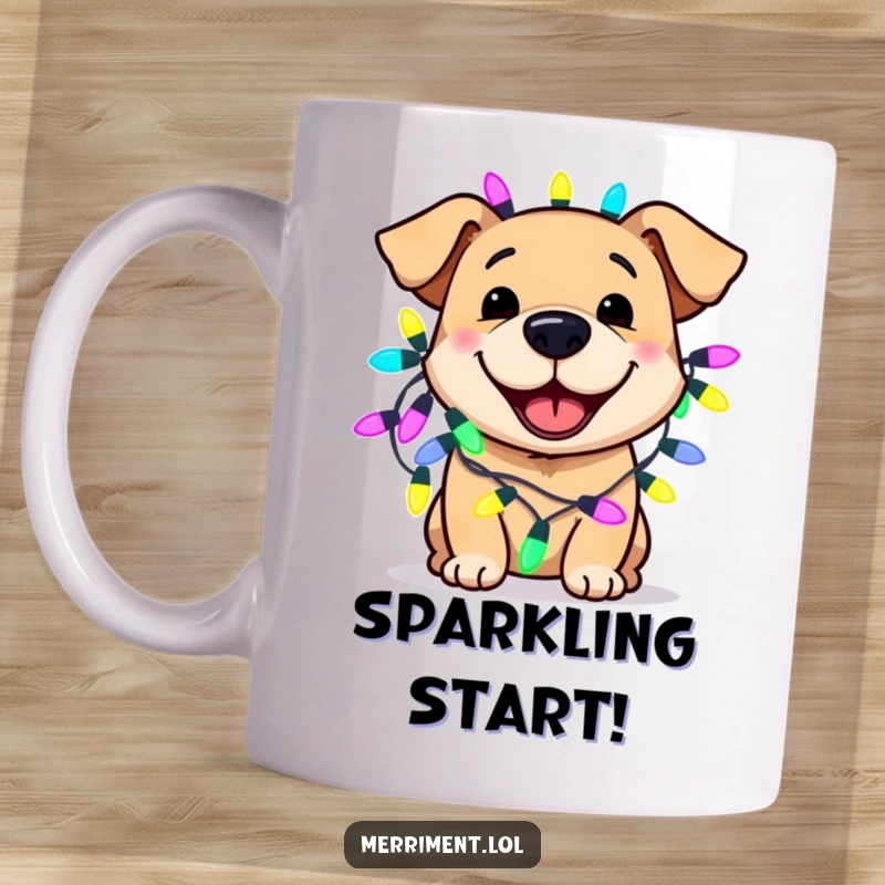 Funny dog mug showing a smiling canine wearing a string of brightly colored, oversized fairy lights, radiating happiness and festive cheer.