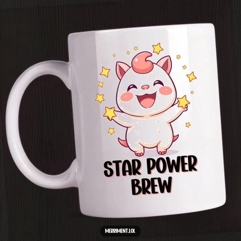 Funny Mug: A joyful creature beams with a wide grin, expertly juggling shimmering stars. A magical and funny gift.