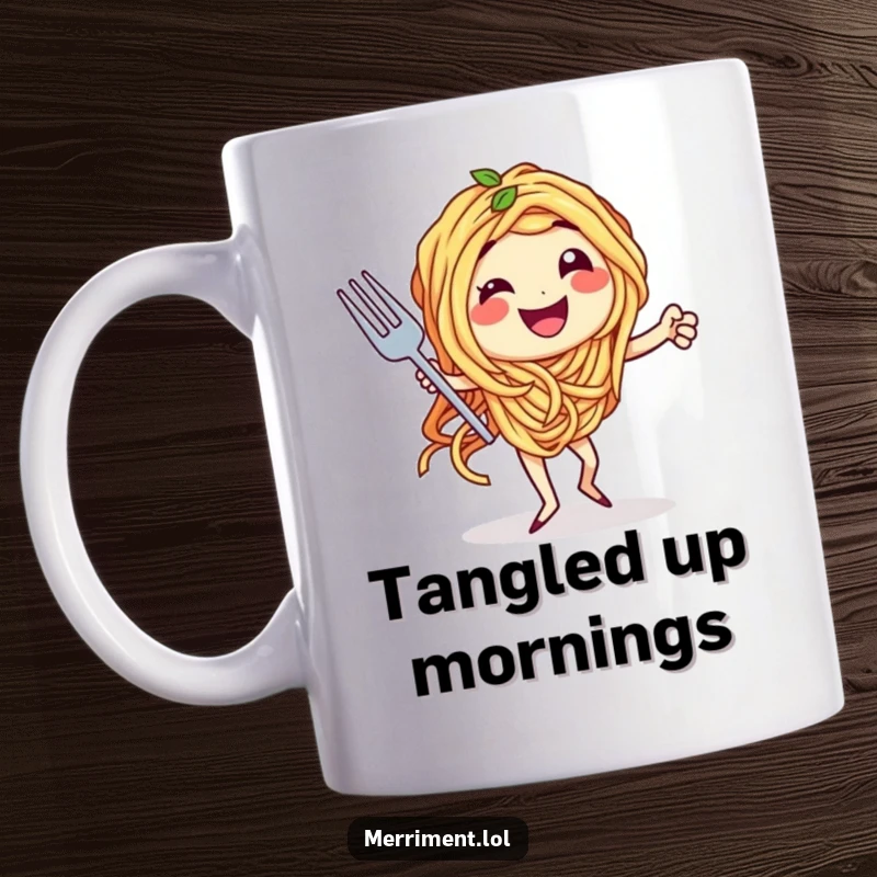 Funny mug showing delighted spaghetti strands performing a dramatic tango with a fork, a culinary dance masterpiece.