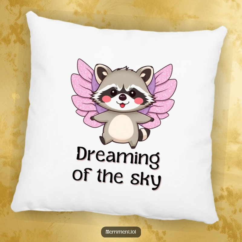 Funny pillow showing a blushing raccoon adorned with oversized, glittery paper wings, attempting to take flight.
