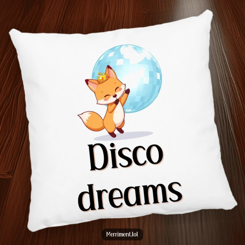 Fox wearing a crown happily bounces a giant shimmering disco ball, printed on a soft and comfortable pillow.
