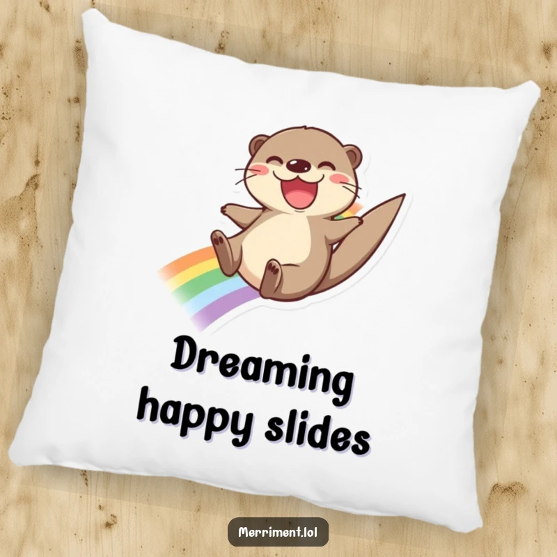 Funny pillow featuring a joyful otter sliding down a rainbow with a wide grin, offering cozy comfort and cheerful, vibrant humor.