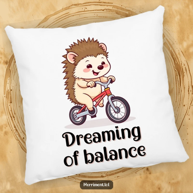 Funny hedgehog attempting to ride a tiny unicycle with an uncertain expression, providing humorous and cozy comfort.