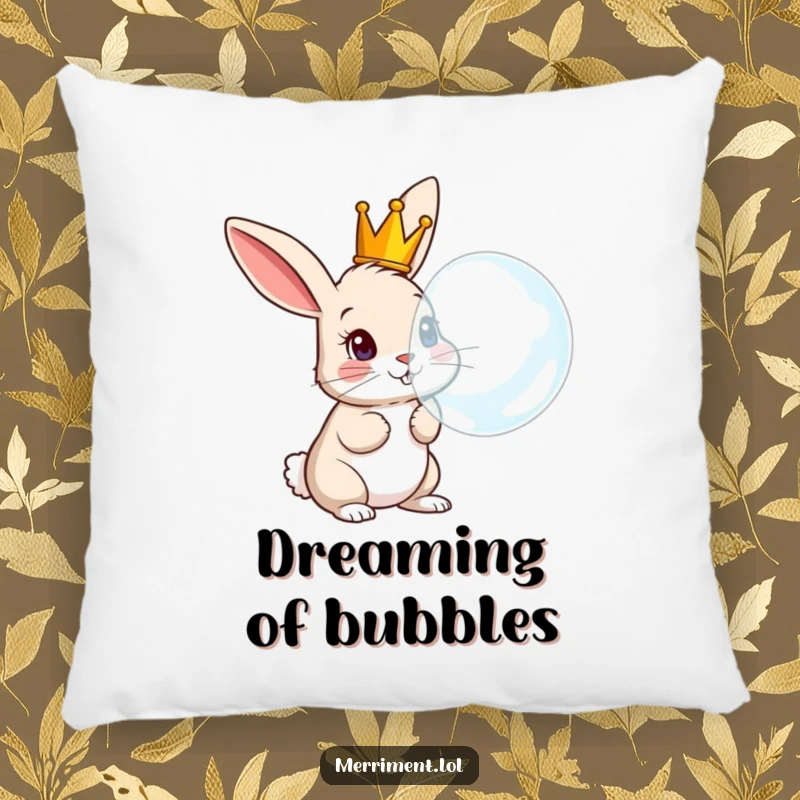 Funny Rabbit Pillow: Soft cushion with a curious crowned rabbit comically blowing a huge bubble, adding humor to decor.