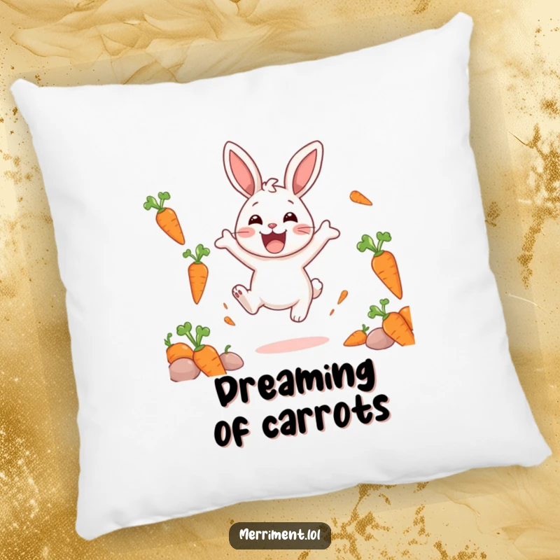 Funny pillow showcasing a delighted rabbit character bouncing with pure joy, surrounded by a charming arrangement of floating carrots.