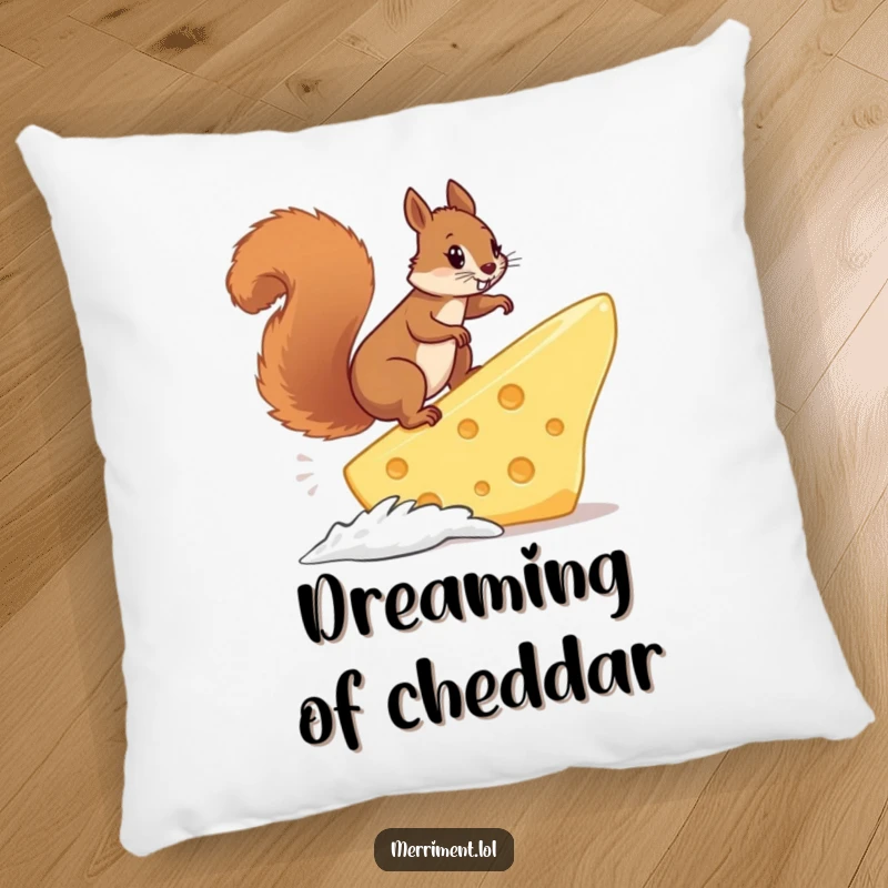 Funny squirrel balancing precariously while surfing a giant cheese slice, offering humorous and cozy comfort for any room.
