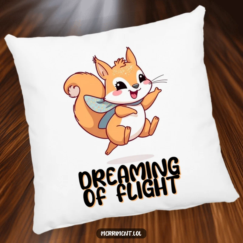 Funny pillow featuring a playful squirrel wearing a sparkly cape, leaping joyfully, designed for cozy adventures.