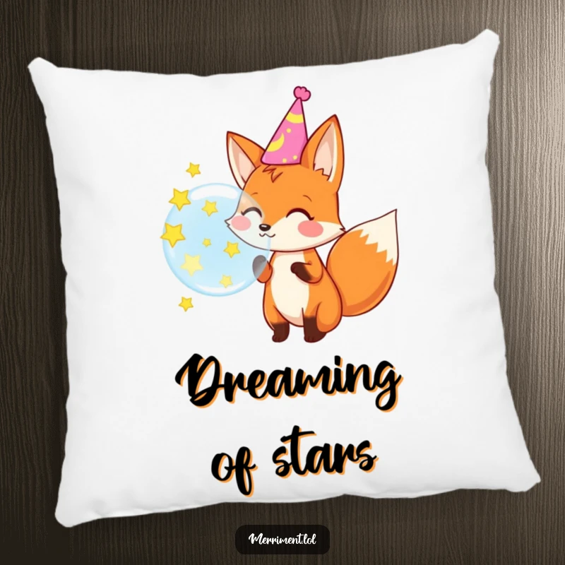 Funny pillow featuring a happy fox in a party hat blowing a large bubble that transforms into a shower of stars.