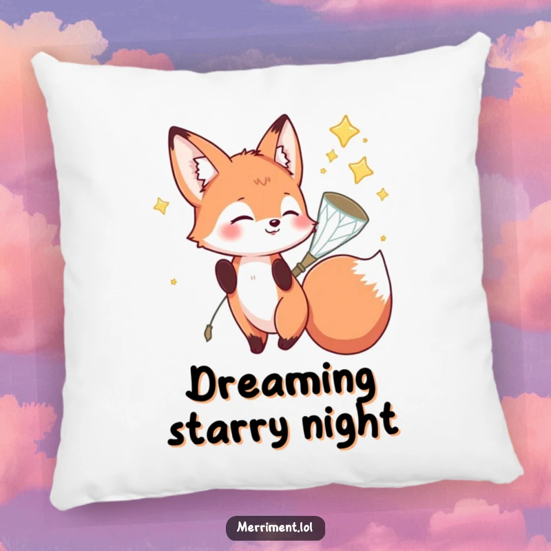 Funny fox pillow featuring a playful fox character catching falling stars in a sparkly net, offering funny comfort and decor.