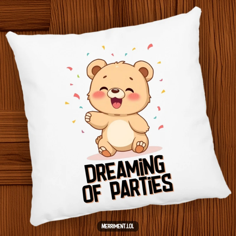 Funny pillow featuring a giggling bear cub tossing confetti, designed for comfort and a cheerful ambiance.
