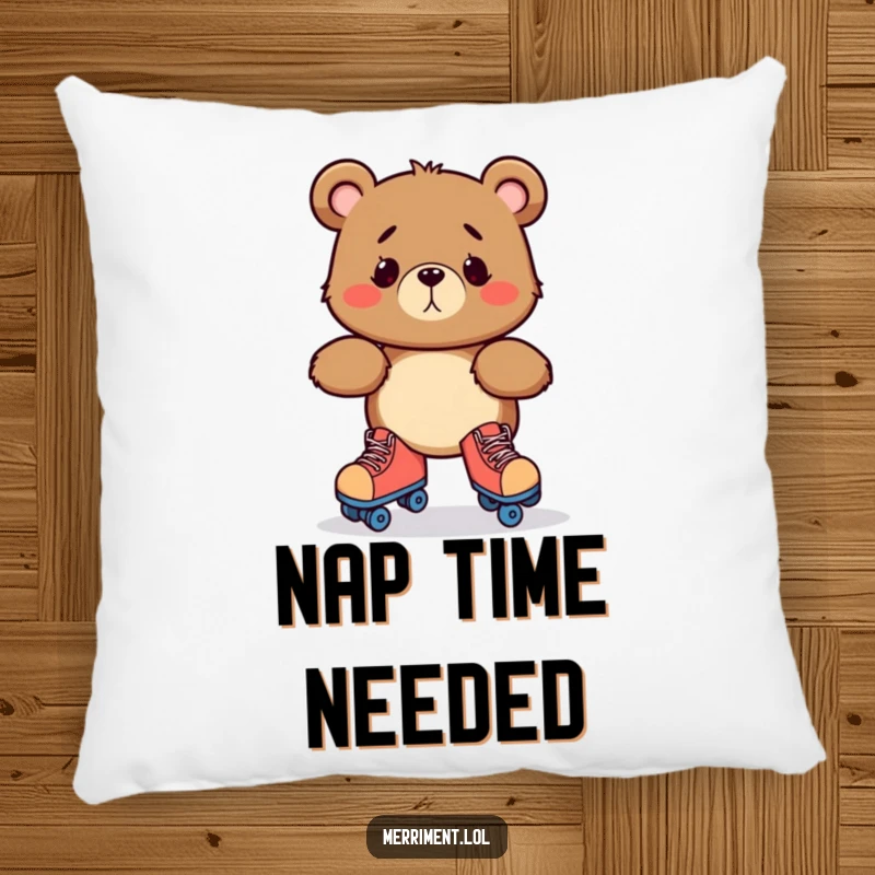 Funny pillow displaying a bewildered bear character hilariously attempting to skate, wobbling awkwardly on its paws for a comical touch.