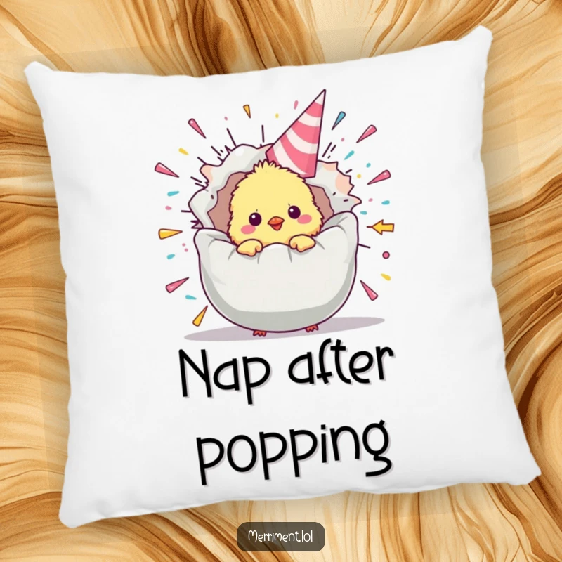 Funny chick pillow with a fluffy bird emerging from an exploding party popper, offering cozy comfort and festive humor.