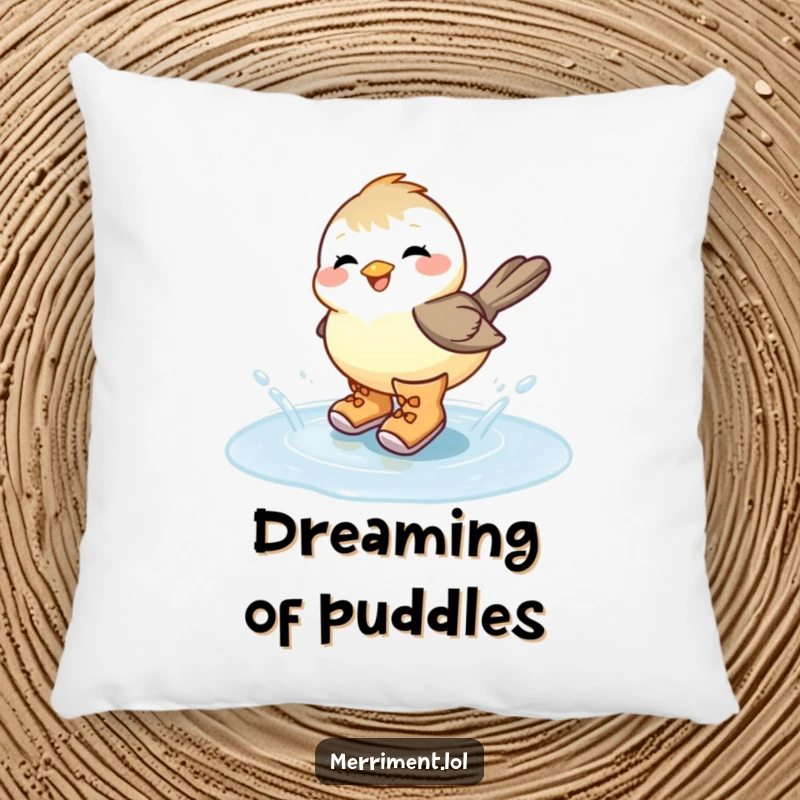 Funny chickadee wearing oversized boots, giggling while splashing in a puddle, offering humorous and soft comfort for any room.