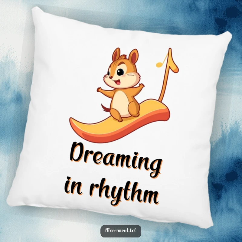Funny pillow design featuring a chipmunk joyfully sliding down a giant musical note, adding musical whimsy to any room.