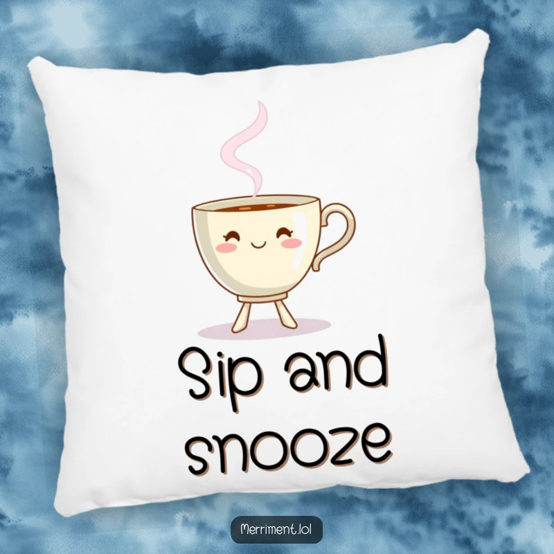 Funny dancing teacup pillow with steam forming a playful shape, a cozy and whimsical decorative piece.
