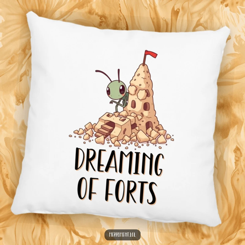 Funny tiny ant pillow building a fortress out of crumbs, a cozy and inspiring decorative accent.
