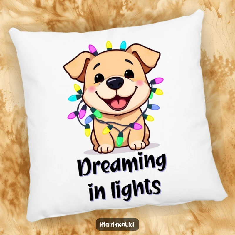 Funny dog pillow featuring a smiling canine wearing oversized, brightly colored fairy lights, offering soft, comforting festive humor.