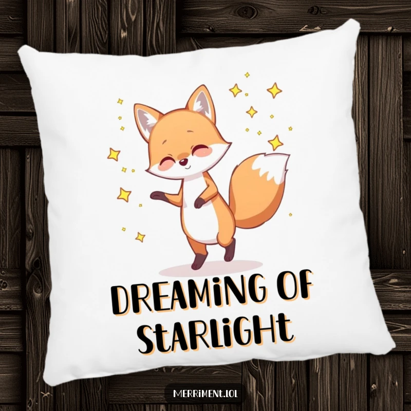 Funny pillow featuring a playful fox dancing with twinkling stars, offering cozy comfort and a touch of whimsical, celestial charm.