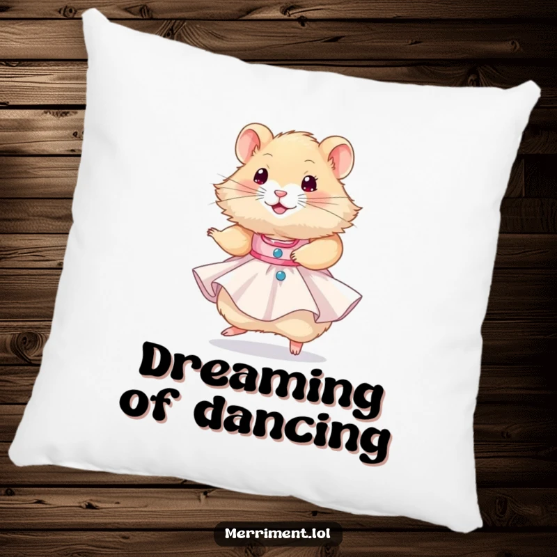 Funny hamster wearing a tiny party dress and twirling happily, a soft and humorous accent pillow for any space.