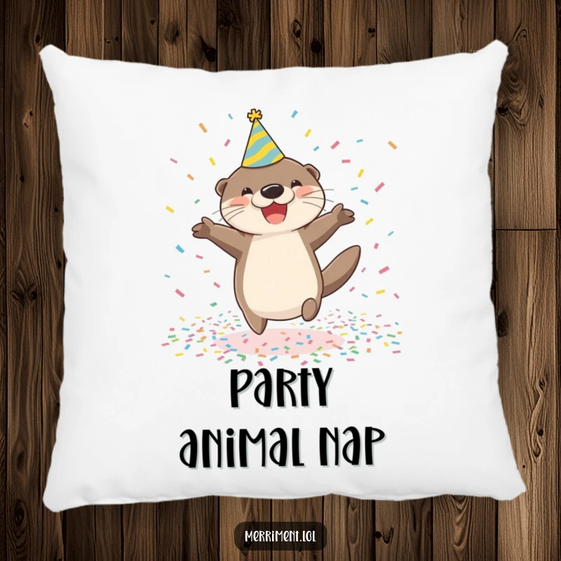 Funny happy otter wearing a party hat jumping in confetti, designed on a pillow for comfortable, humorous, and festive decor.