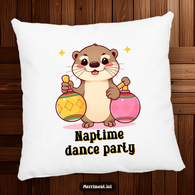 Funny pillow design featuring a playful otter vigorously shaking oversized, colorful maracas, perfect for adding festive cheer.