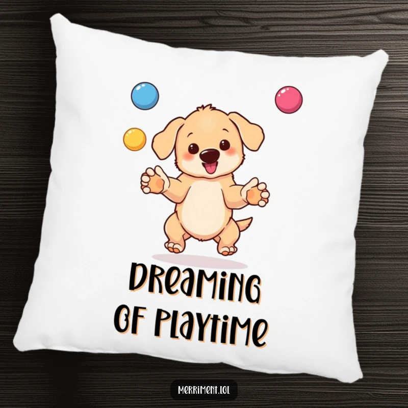 Funny pillow design showing a happy, bouncing puppy juggling colorful balls, creating a cheerful and comical visual.