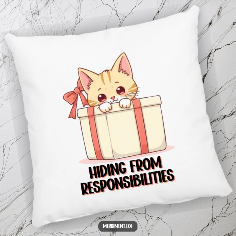 Funny cat peeking from behind a large gift box, a soft and humorous accent pillow for any space.
