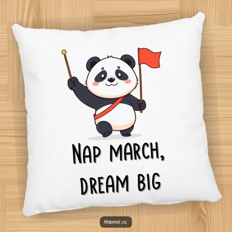Funny Panda Pillow: A determined panda marches with a tiny flag and a proud grin, ready for a cozy nap.