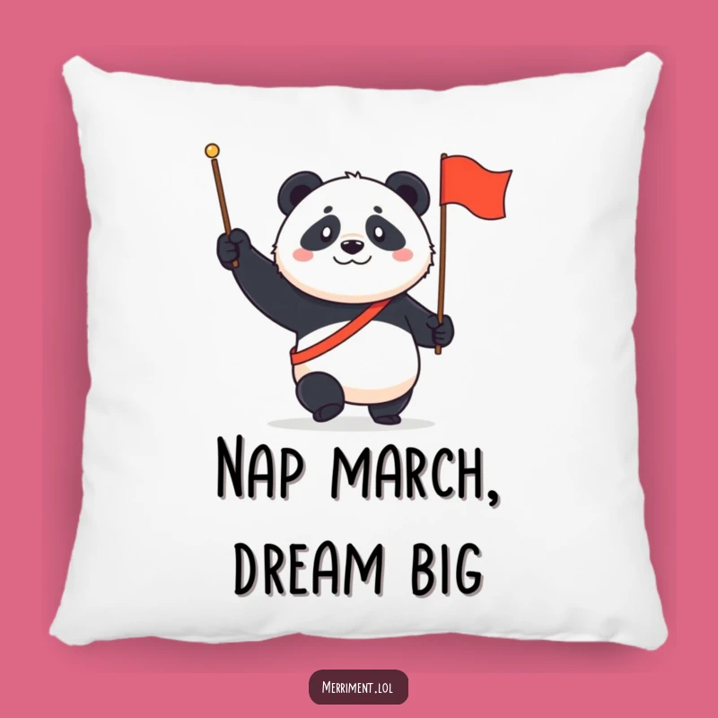 Funny Panda March Pillow: Comfy pillow with a determined panda and flag, a cute funny gift!